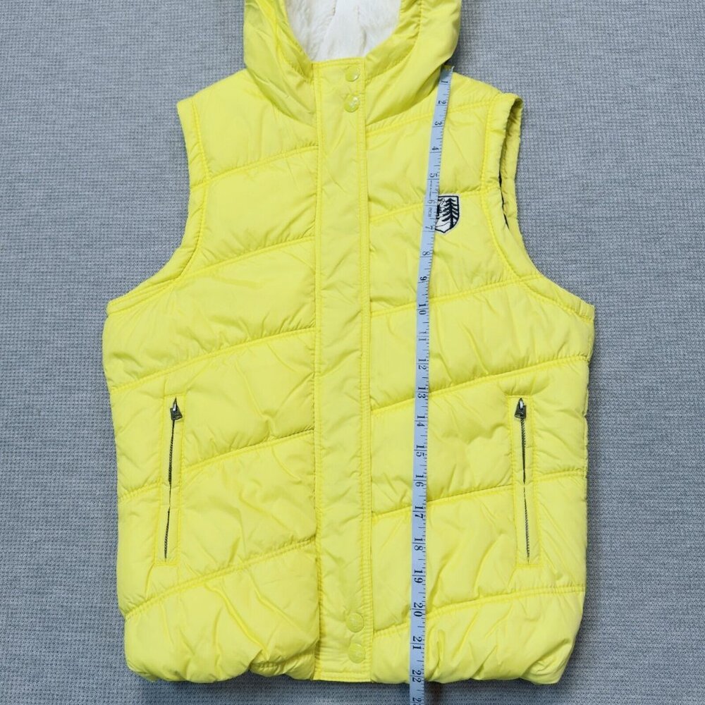 American Eagle Womens Yellow Puffer Vest Faux Fur Hooded Zip Pockets Size Small - Picture 12 of 16